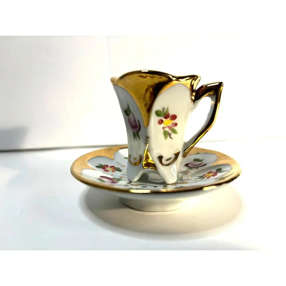 Delicate Hand Painted Footed Demitasse Gold Floral Aveiro Portugal Espresso Cup